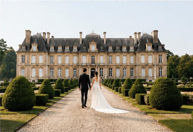 Les mariés dans les jardins d’un château