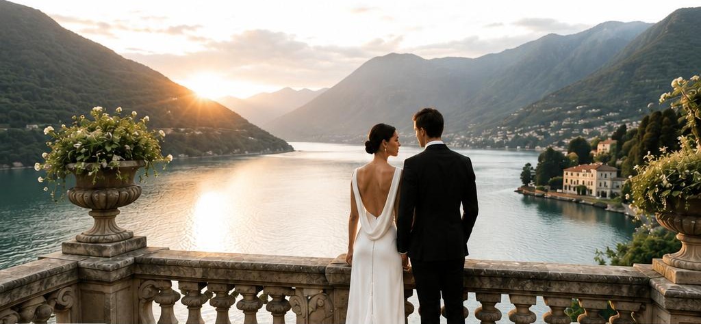 Un couple de mariés face au lac de Côme au coucher du soleil
